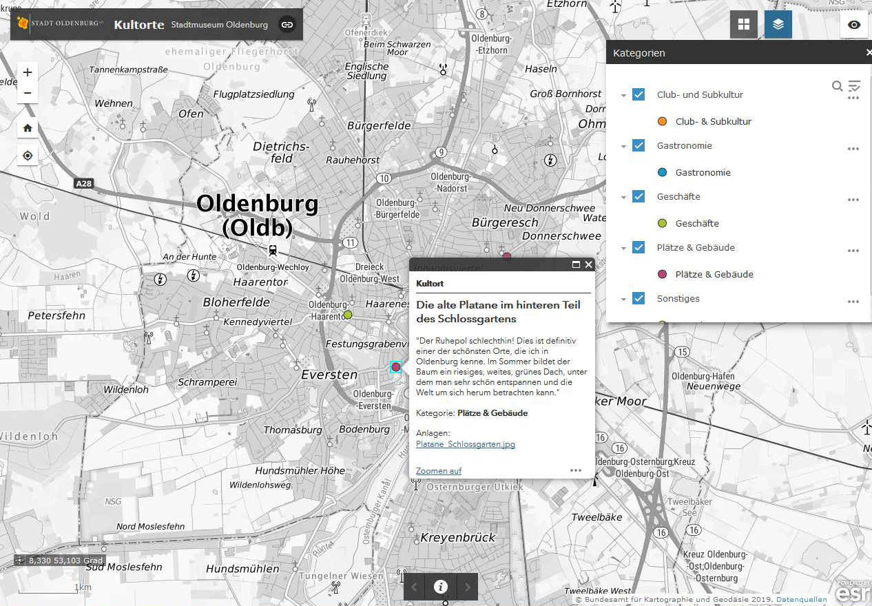 Ansicht des digitalen interaktiven Stadtplans der Stadt Oldenburg mit einer Listenansicht von Kultorten, wie Clubs und Gatronomie, © GIS