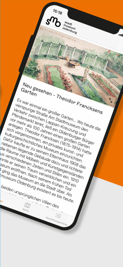 Slide 3 6,5 Zoll SMO Ios, © Stadtmuseum Oldenburg Smartphone zeigt Einleitungstext über Theodor Francksens Garten ehemaligen am Stadtmuseum Oldenburg in der Garten-App, © Stadtmuseum Oldenburg