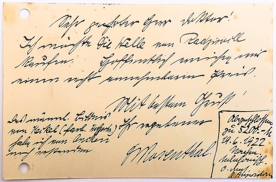 Mit dieser Postkarte an Ernst Beyersdorff teilt Georg Rosenthal am 19.06.1922 mit: „Ich möchte Die Welle von Radziwill kaufen“, © Landesmuseum für Kunst und Kulturgeschichte Oldenburg/Archiv Vereinigung für junge Kunst