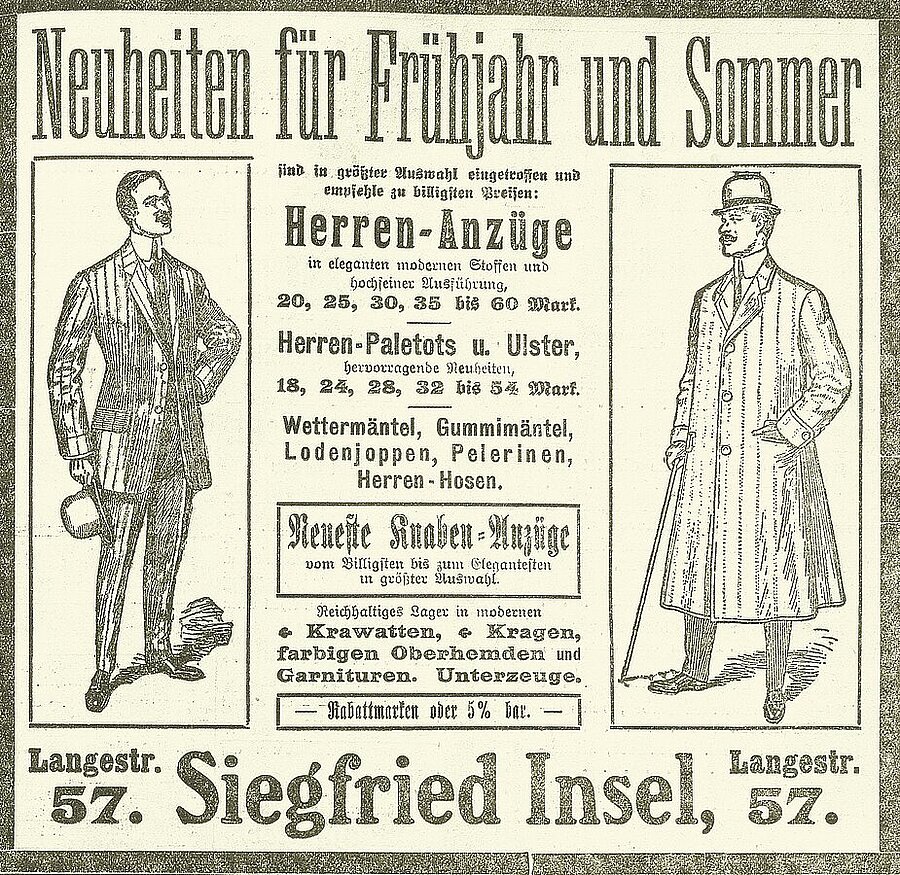 Werbeanzeige Siegfried Insel, Geschäft für Herren- und Knabenbekleidung, erschienen in: Nachrichten für Stadt und Land, Oldenburg, 20.03.1910. Werbeanzeige Siegfried Insel, Geschäft für Herren- und Knabenbekleidung, erschienen in: Nachrichten für Stadt und Land, Oldenburg, 20.03.1910, Nachrichten für Stadt und Land, Oldenburg, 20.03.1910.
