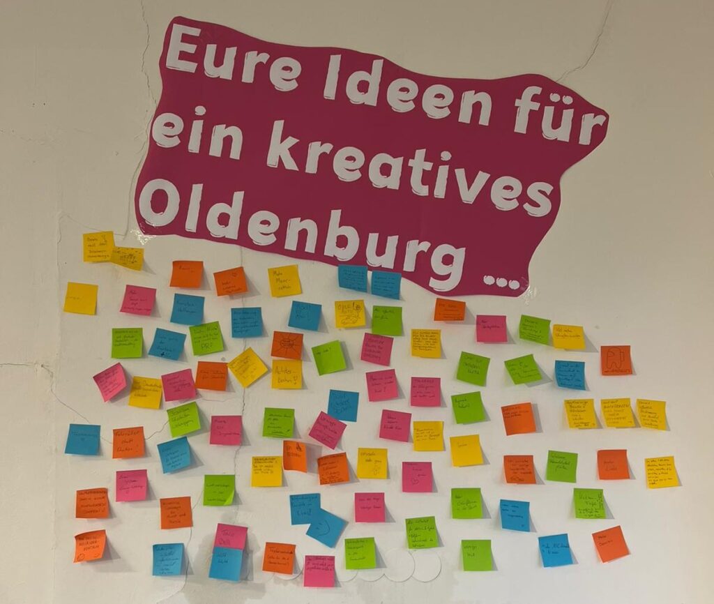 Wand mit bunten Notizzetteln, darüber Schriftzug "Eure Ideen für ein kreatives Oldenburg", © Re:claim Oldenburg