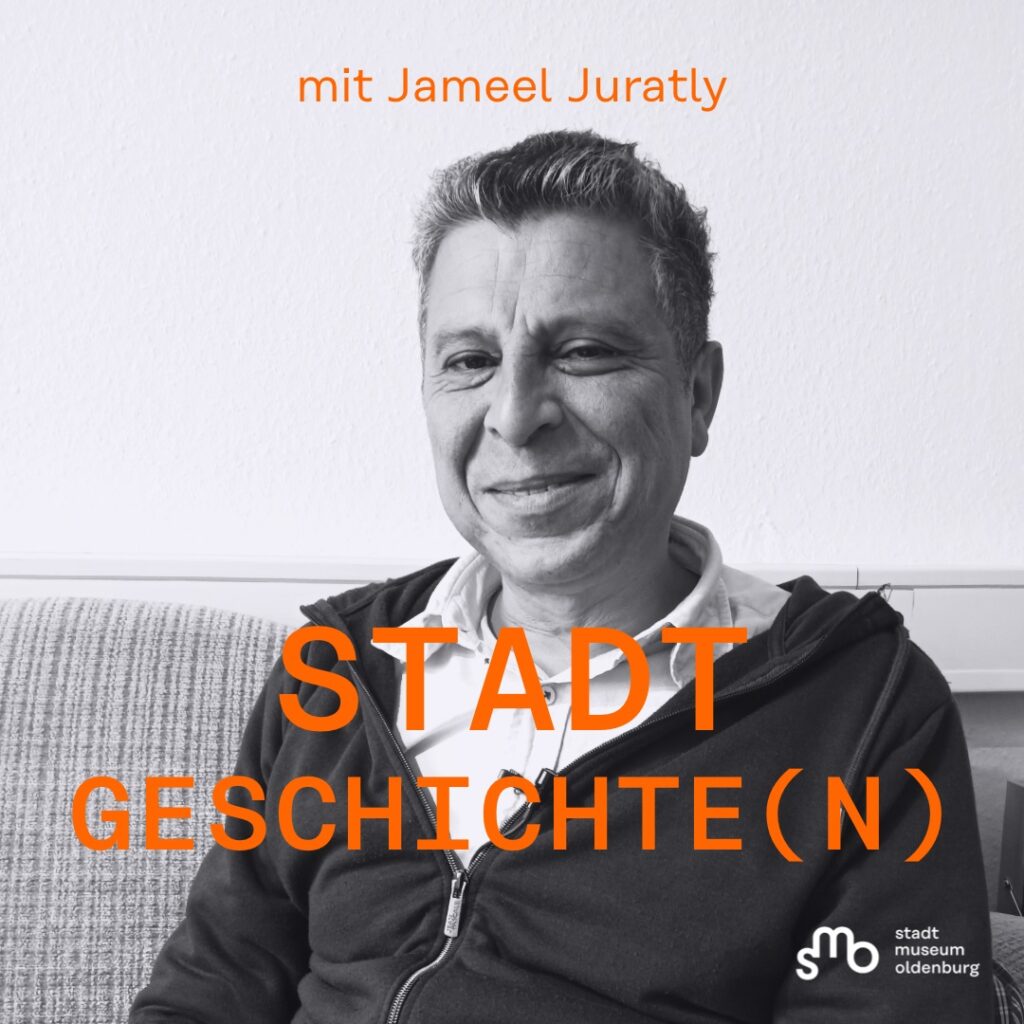 Titelbild Stadtgeschichte(n) Folge 2 mit Jameel Juratly, © Stadtmuseum Oldenburg Titelbild mit Jameel Juratly, schwarzweiß, SMO-Logo unten rechts, © Stadtmuseum Oldenburg