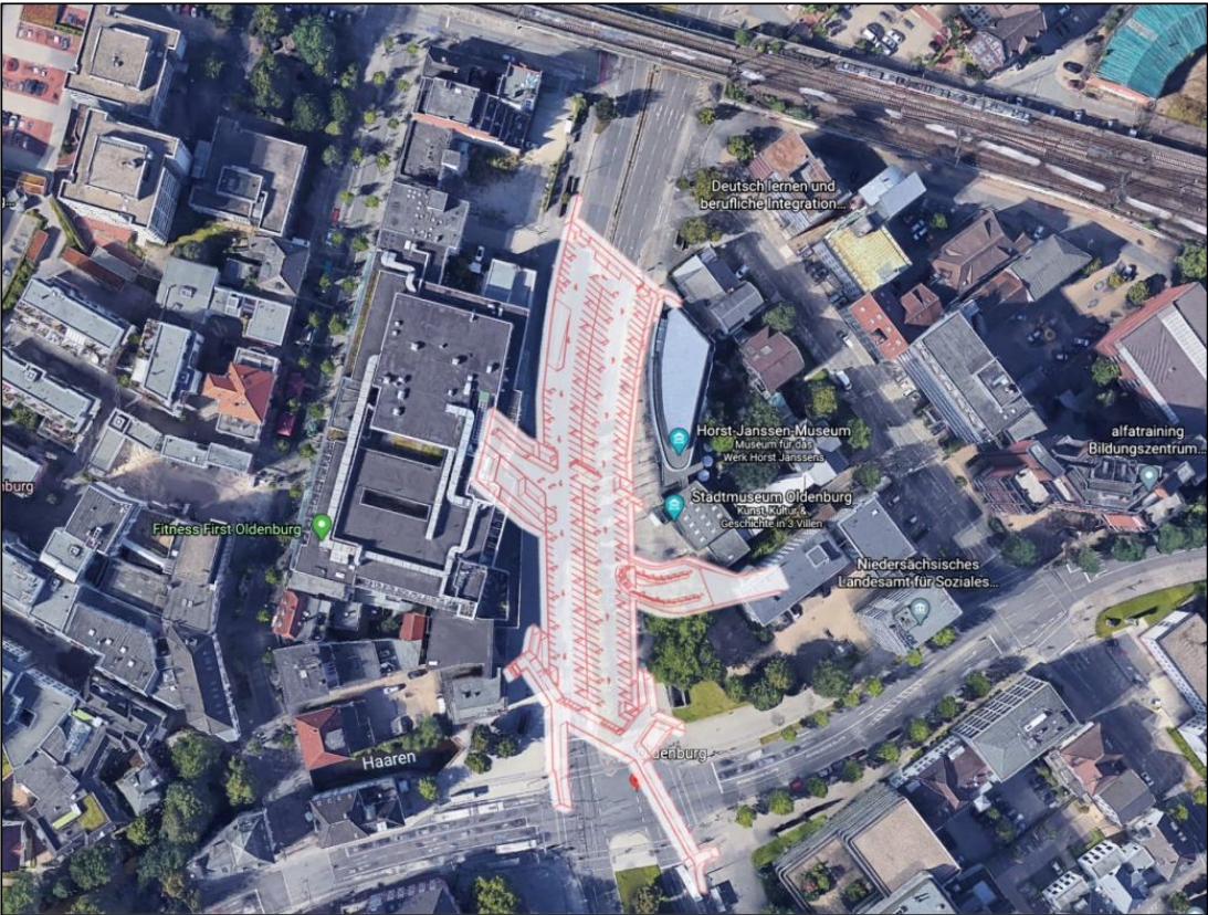 Lage Der Unterhalb Der Straße Am Stadtmuseum Liegenden Tiefgarage CCO Kartenansicht mit schraffierter Einzeichnung der Tiefgarage und des Fußgängertunnels, © Stadt Oldenburg