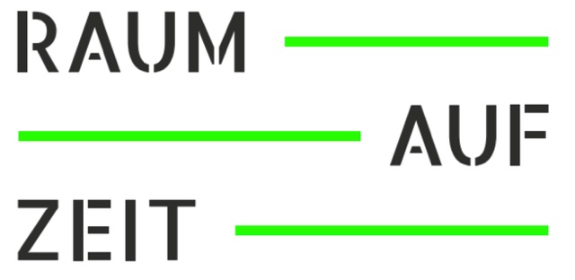 Logo mit dem Text 'RAUM AUF ZEIT' in Großbuchstaben, umgeben von horizontalen Linien