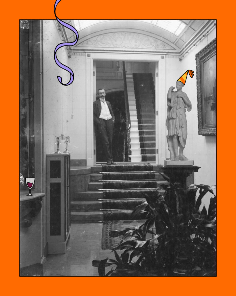 Ein fiktives Bild mit Theodor Francksen zu seinem 150. Geburtstag nach der Party, © Realog Design