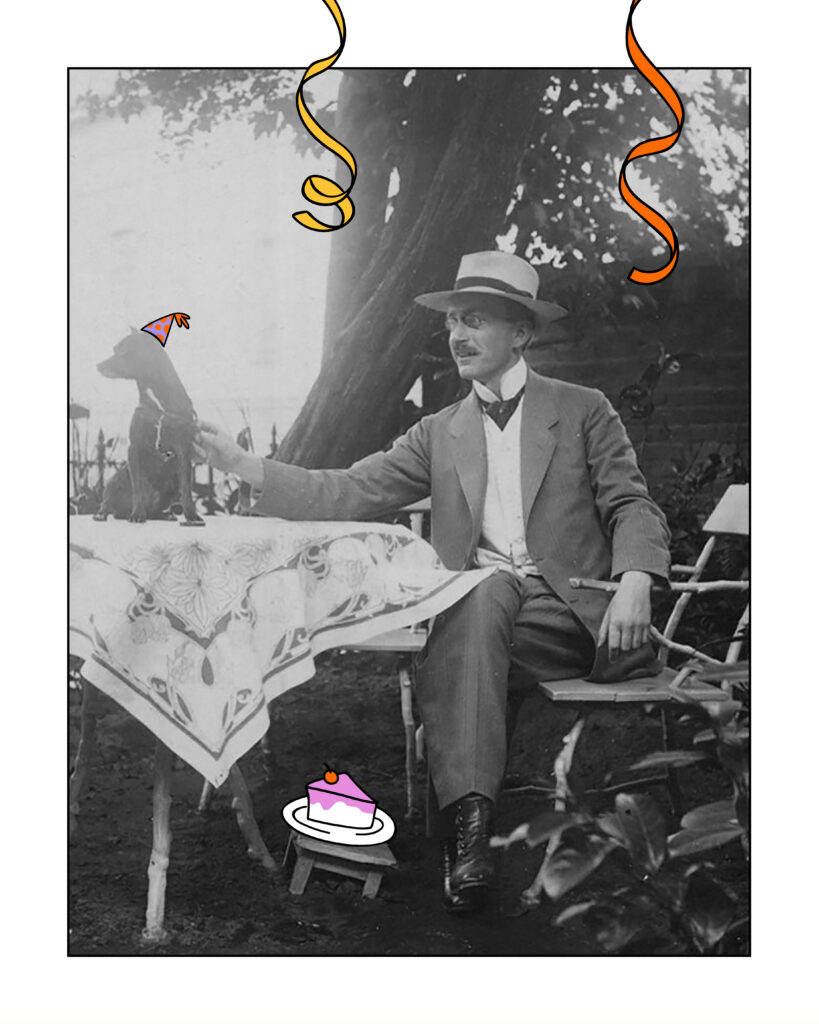 Ein fiktives Bild mit Theodor Francksen zu seinem 150. Geburtstag und seinem Hund, © Realog Design