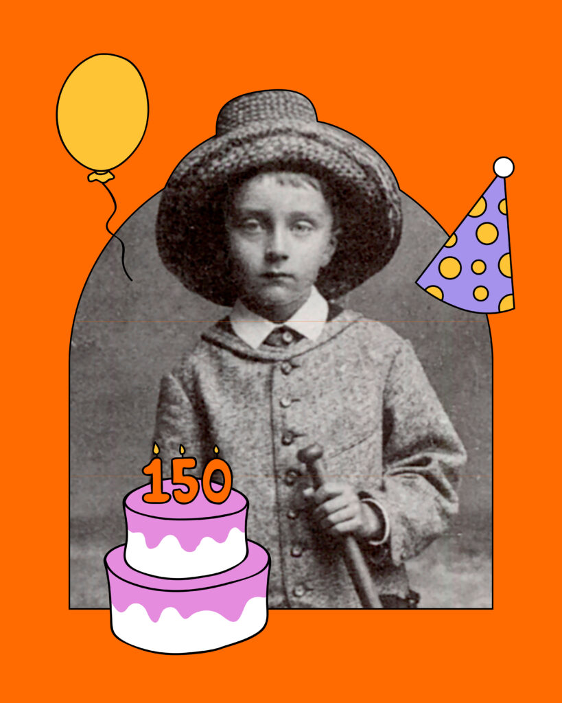 Ein fiktives Bild mit Theodor Francksen zu seinem 150. als Kind mit einer Torte, © Realog Design