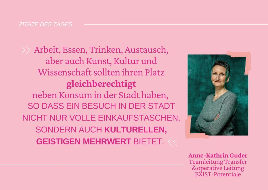 Zitat der Teamleitung Anne-Kathrin Guder "Arbeit, Essen, Trinken, Austausch, aber auch Kunst, Kultur und Wissenschaft sollten ihren Platz gleichberechtigt neben Konsum in der Stadt haben, so dass ein Besuch in der Stadt nicht nur volle Einkaufstaschen, sondern auch kulturellen, geistigen Mehrwert bietet.", © Re:claim Oldenburg