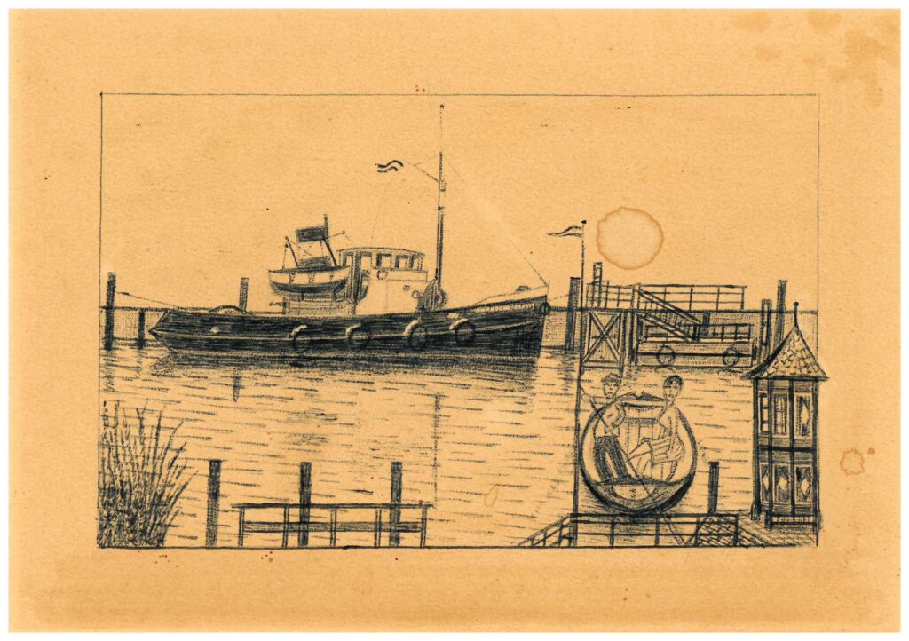 Zeichnung eines Schiffs auf dem Wasser, im Vordergrund ein kleines Boot mit zwei Personen, © Stadtmuseum Oldenburg