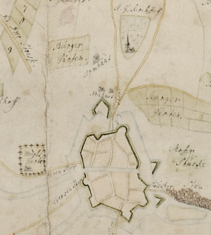 Historische Karte von Oldenburg mit eingezeichneter Stadtmauer, einigen Straßen und öffentlichen Orten, wie dem Gertrudenfriedhof, © Stadtmuseum Oldenburg