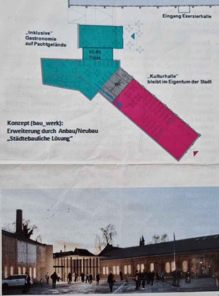 Alternativer Vorschlag des bau_werk e.V., 2017, © Katharina Semling Obere Hälfte Bauplan für ein Neukonzept mit Abschnitten in verschiedenen Farben, untere Hälfte ein Konzeptbild der Umsetzung, © Katharina Semling