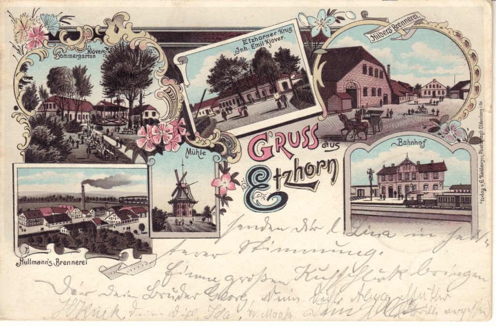 Auf illustrierten Grußkarten, die sich am Ende des 19. Jahrhunderts in Oldenburg und Umgebung großer Beliebtheit erfreuten sind die beiden Brennereien ein gern genutztes Motiv, © Stadtmuseum Oldenburg Postkarte "Gruß aus Etzhorn" mit Abbildungen von verschiedenen Gebäuden, darunter eine Mühle und ein Bahnhof, © Stadtmuseum Oldenburg