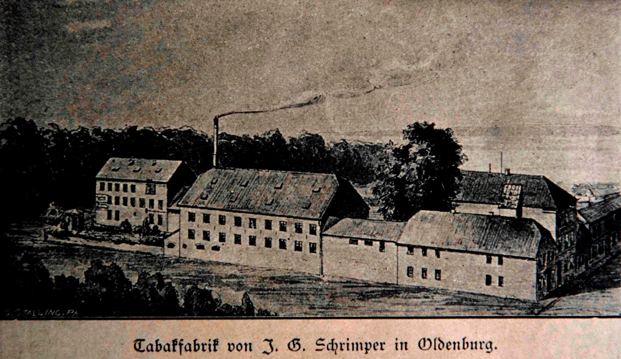 Abb. 1 Zeichnung einer Fabrik, längliche Gebäude mit vielen Fenstern und einem rauchenden Schornstein im Hintergrund, © Stadtmuseum Oldenburg, Slg. Willy Schröder