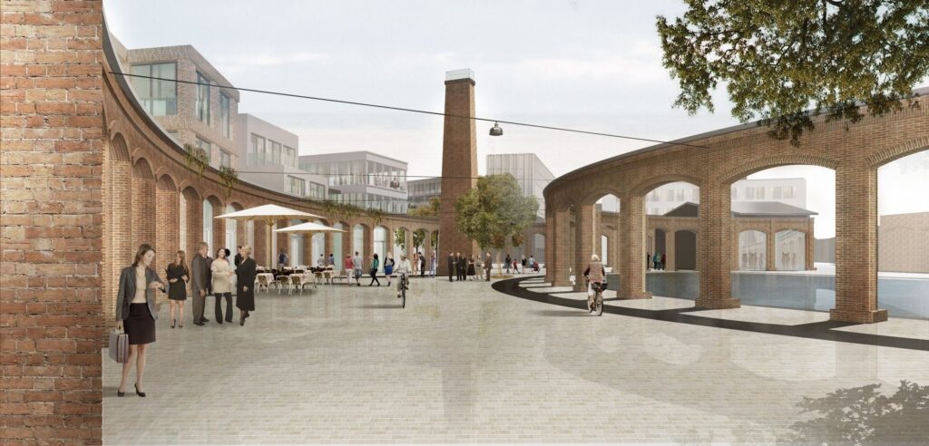 Abb. 11 Ursprüngliche Gewinner Idee Wollte Durch Die Form An Den Schuppen Erinnern. 2014. Bild HAW Konzeptdesign mit Mauerführungen mit vielen offenen Rundbögen, in der Mitte ein gepflasterter Platz, © KAW Architekten