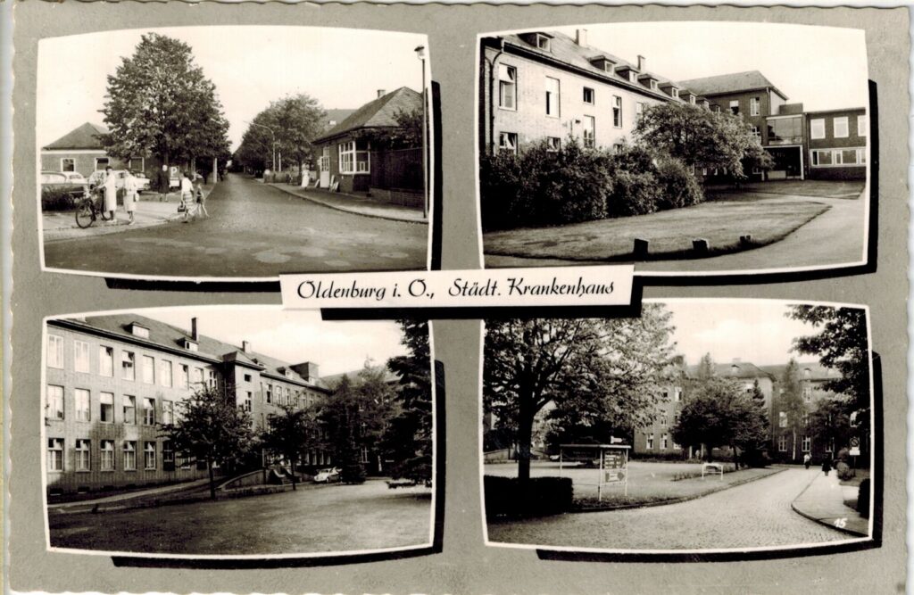 Abb. 12 Grußkarte Städtisches Krankenhaus Grußkarte mit mehreren Aufnahmen des städtischen Krankenhauses in Kreyenbrück, verschiedene Gebäudeansichten