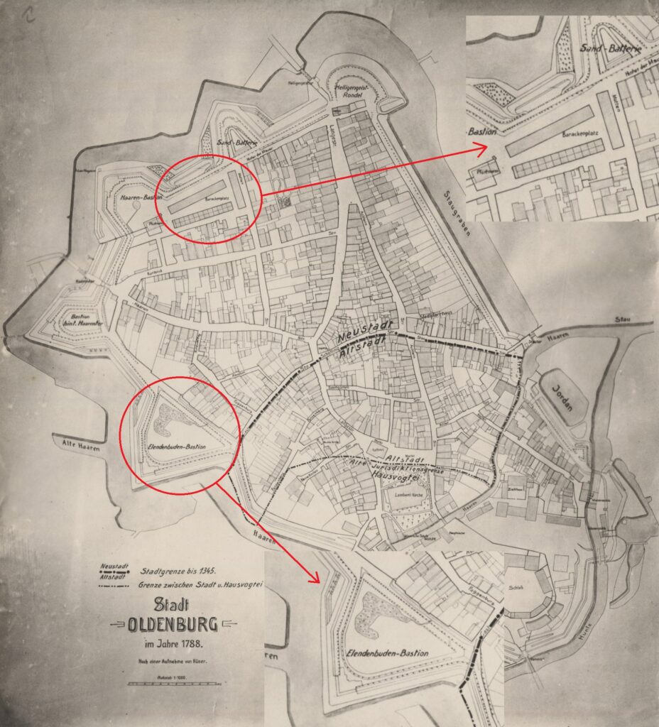 Abb. 2 Stadtplan 1788 Der Stadtplan von 1788 zeigt die Elendenbuden-Bastion am Ende der Gaststraße, die nach den ärmlichen („elenden“) Behausungen benannt wurde und die drei Baracken auf dem heutigen Waffenplatz (damals als Barackenplatz bezeichnet). © Stadtmuseum Oldenburg.