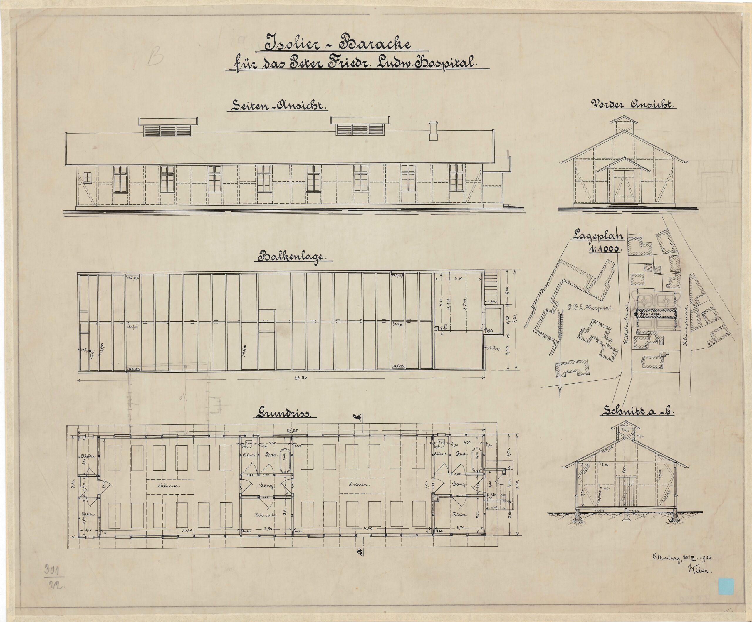 Bauzeichnung eines einstöckigen Gebäudes aus allen Perspektiven, © Stadtmuseum Oldenburg