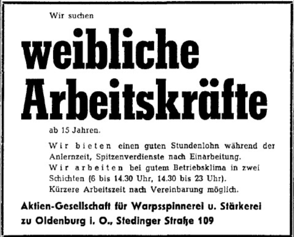 Stellenanzeige als Zeitungsausschnitt, gesucht wird eine weibliche Arbeitskraft, © Mit freundlicher Genehmigung der Nordwest-Zeitung.