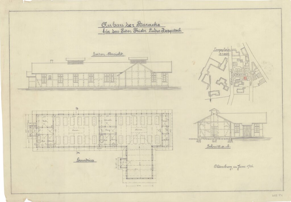 Bauplan eines einstöckigen Gebäudes mit Front- und Drauf-Ansicht, © Stadtmuseum Oldenburg.