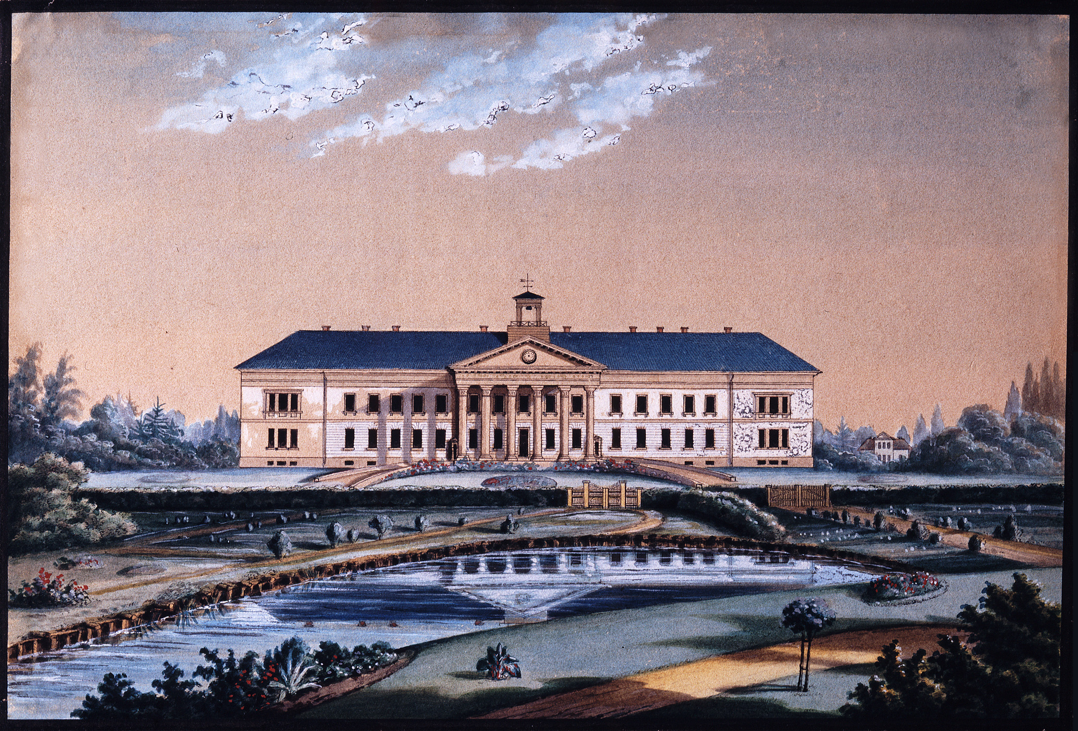 Abb. 5 07 Presuhn PFL GR 354 Malerei des Peter-Friedrich-Ludwig Hospitals mit Gartenanlage und Fluss im Vordergrund. © Stadtmuseum Oldenburg