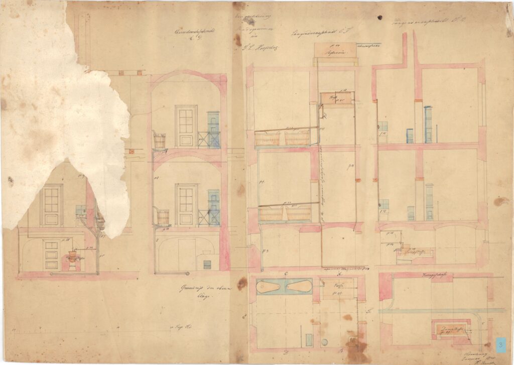 Abb. 6 KP 978 Planzeichnung eines Gebäudes mit Fluren, Türen und Wascheinrichtung, © Stadtmuseum Oldenburg.