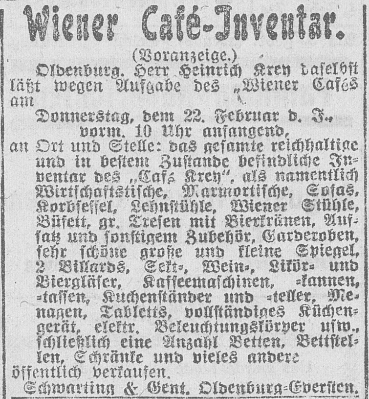 Abb. 7 Inventar Café Krey 1923 Zeitungsausschnitt mit Text zum "Café Krey", © Digitale Sammlung der Landesbibliothek Oldenburg