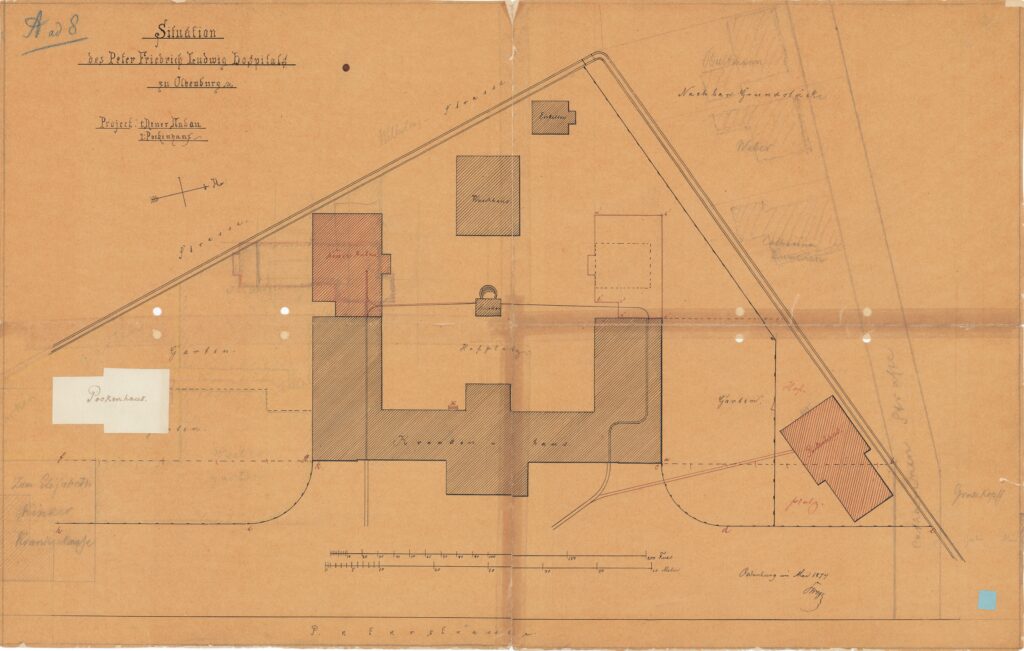 Abb. 7 KP 979 Planzeichnung des Hospitals und kleinere umliegende Gebäude mit angedeuteten Straßen und Grundstücksgrenzen, © Stadtmuseum Oldenburg