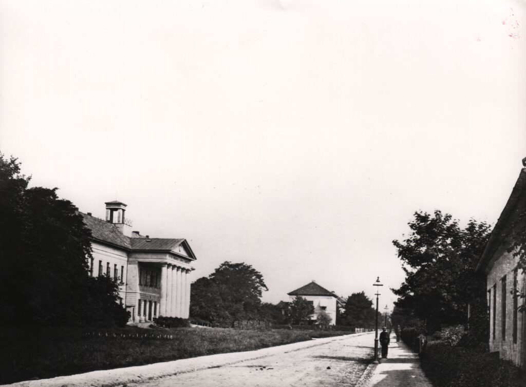 Abb. 9 BA 27382 Peterstr Lks PFL Um 1870 Eine Straße mit Laternen und Bäumen, links ein Teil des Hospitals sichtbar, ein weißes Gebäude mit Säulen, © Stadtmuseum Oldenburg