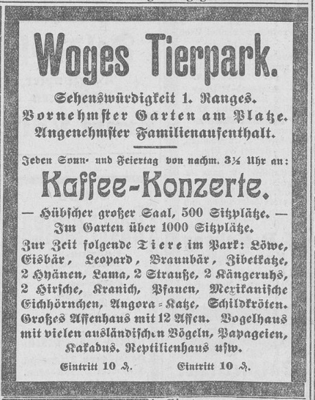 Zeitungsanzeige zu Woges Tierpark, © Landesbibliothek Oldenburg