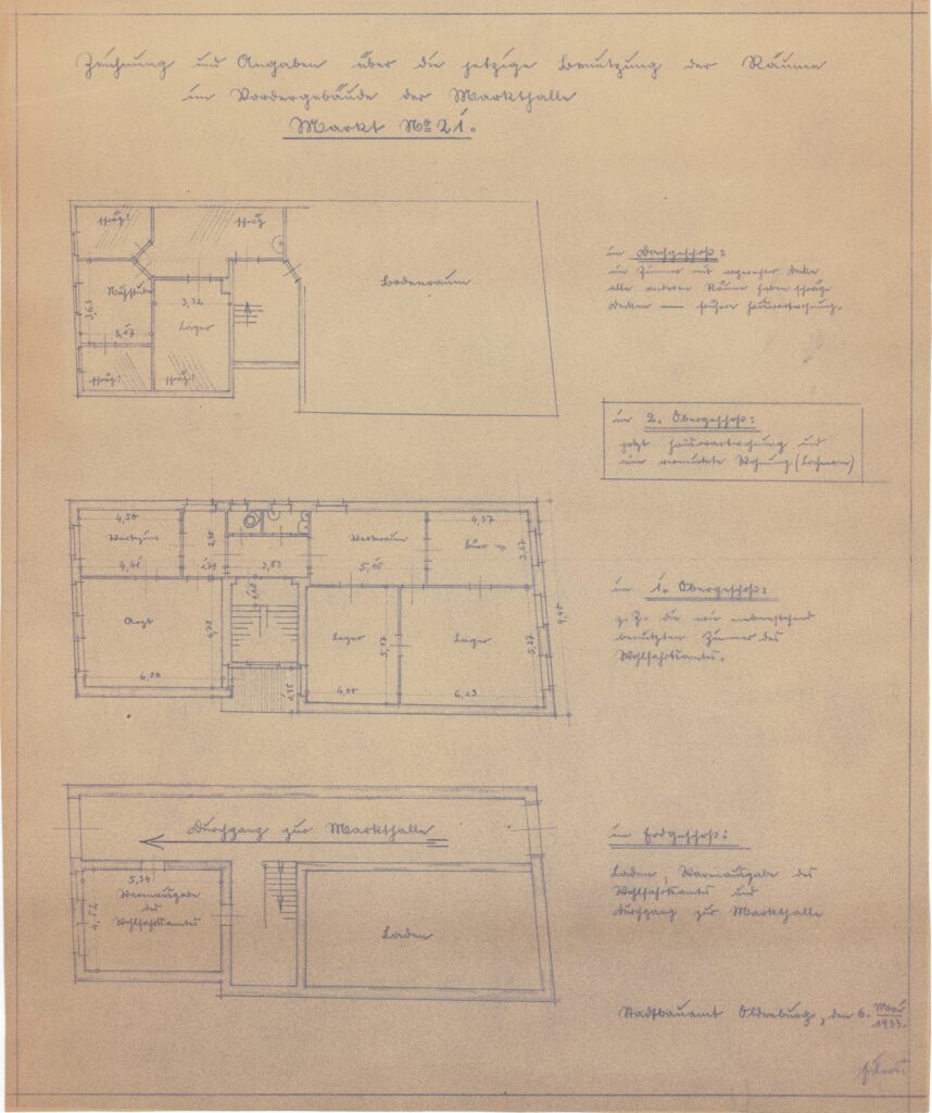 Grundrisszeichnung eines Gebäudes über mehrere Stockwerke, © Stadtmuseum Oldenburg