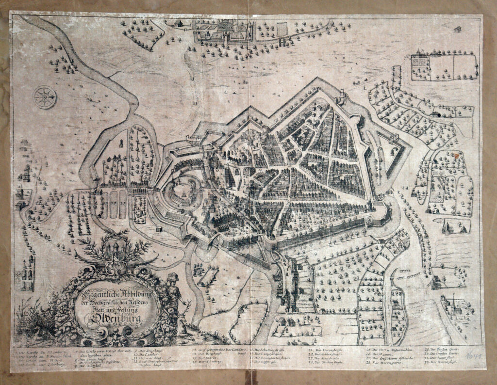 Diese Karte von Oldenburg zeigt den St. Gertrudenfriedhof außerhalb der Stadtmauern (unten rechts), 1641, © Stadtmuseum Oldenburg. Diese Karte von Oldenburg zeigt den St. Gertrudenfriedhof außerhalb der Stadtmauern (unten rechts), 1641, © Stadtmuseum Oldenburg