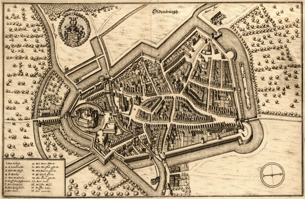 Plan von Oldenburg um 1598 nach einem Stich von Peter Bast, aus Matthäus Merian & Martin Zeiller, Topographica Westfaliae, 1647, © Stadtmuseum Oldenburg, KP 47. Plan von Oldenburg um 1598 nach einem Stich von Peter Bast, aus Matthäus Merian & Martin Zeiller, Topographica Westfaliae, 1647, © Stadtmuseum Oldenburg, KP 47.