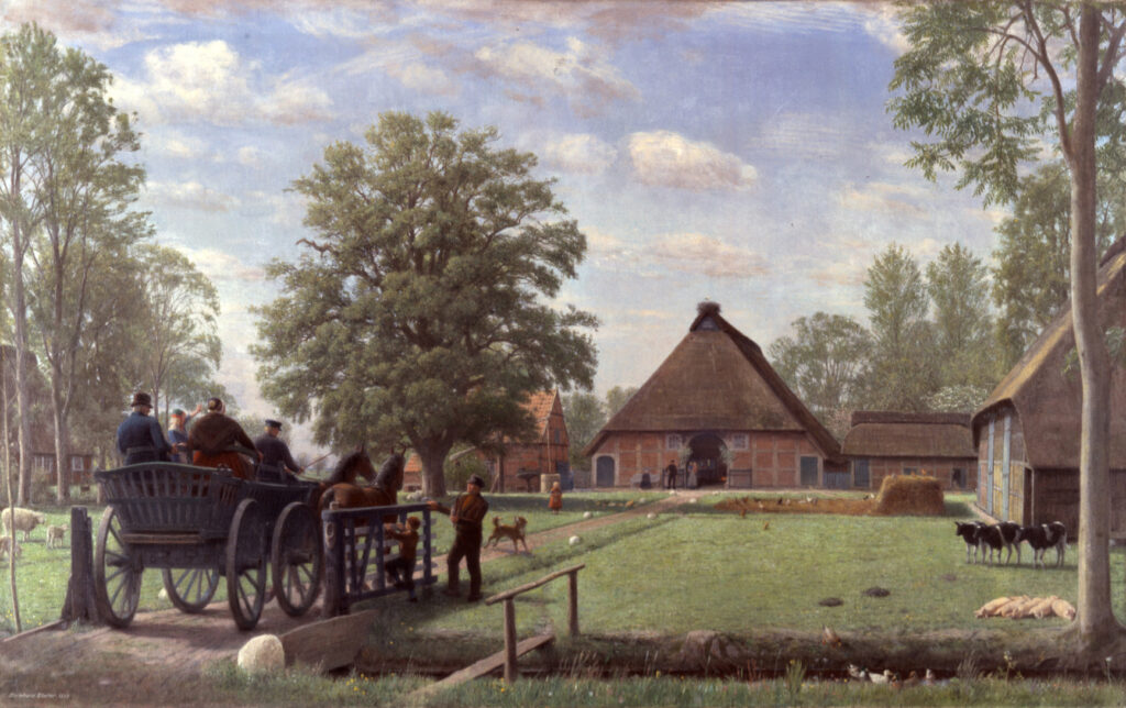 Gemälde einer Bauernszene, ein Pferdekarren fährt auf einen Bauernhof zu, auf dem Hof ein Hund, Schafe und Kühe, auf dem Wagen sitzen mehrere Personen, © Stadtmuseum Oldenburg