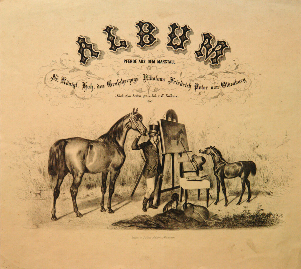 Zeichnung von Pferden, in der Mitte eine Staffelei, auf der ein Gemälde eines Pferdes steht, ein Reiter mit Zylinder hält eines der Pferde fest, © Stadtmuseum Oldenburg