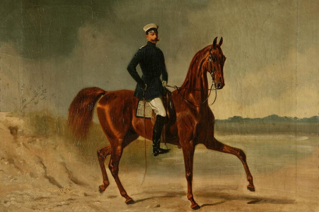 Gemälde eines Reiters in Uniform mit Schnauzer auf einem braunen Pferd im Lauf, © Stadtmuseum Oldenburg.