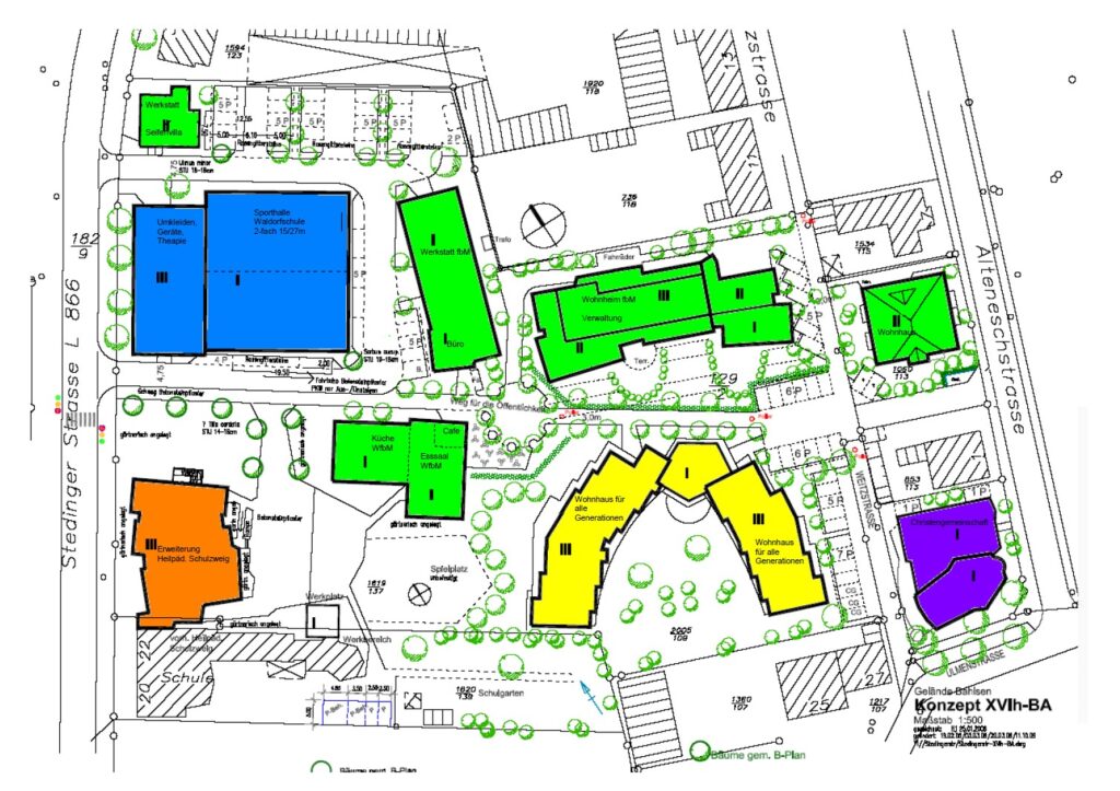 Lageplan mit Gebäuden in verschiedenen farblichen Gruppierungen, dazwischen eingezeichnete Grünflächen, © Baumhaus e.V.