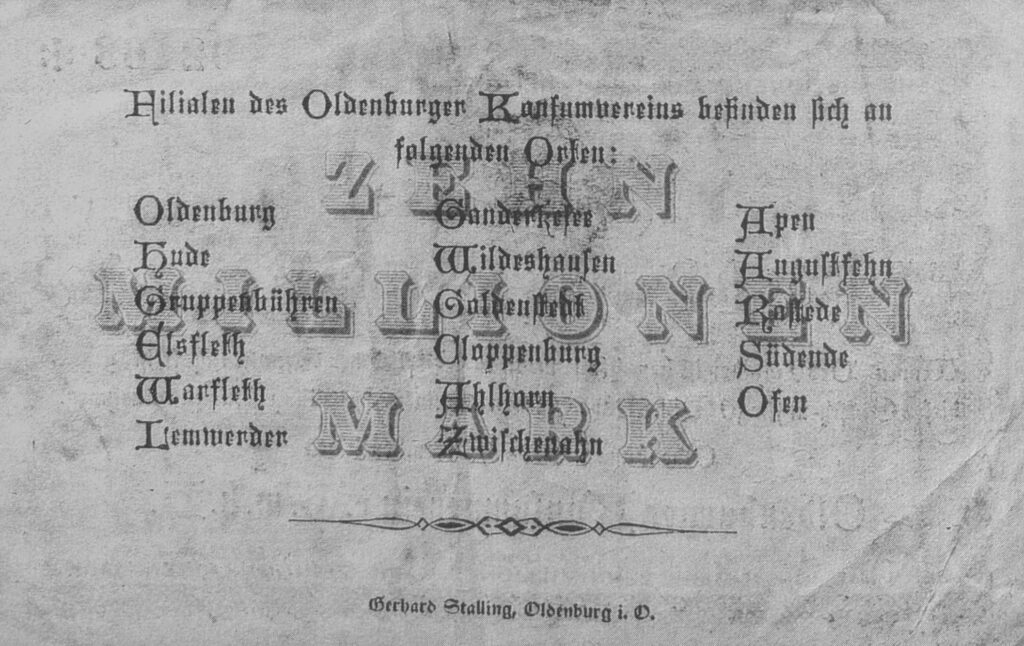 Zehn Millionen Mark Konsumverein 1923 Verso Rückseite eines Geldscheins mit Ortsauflistung, © Littmanndruck Oldenburg