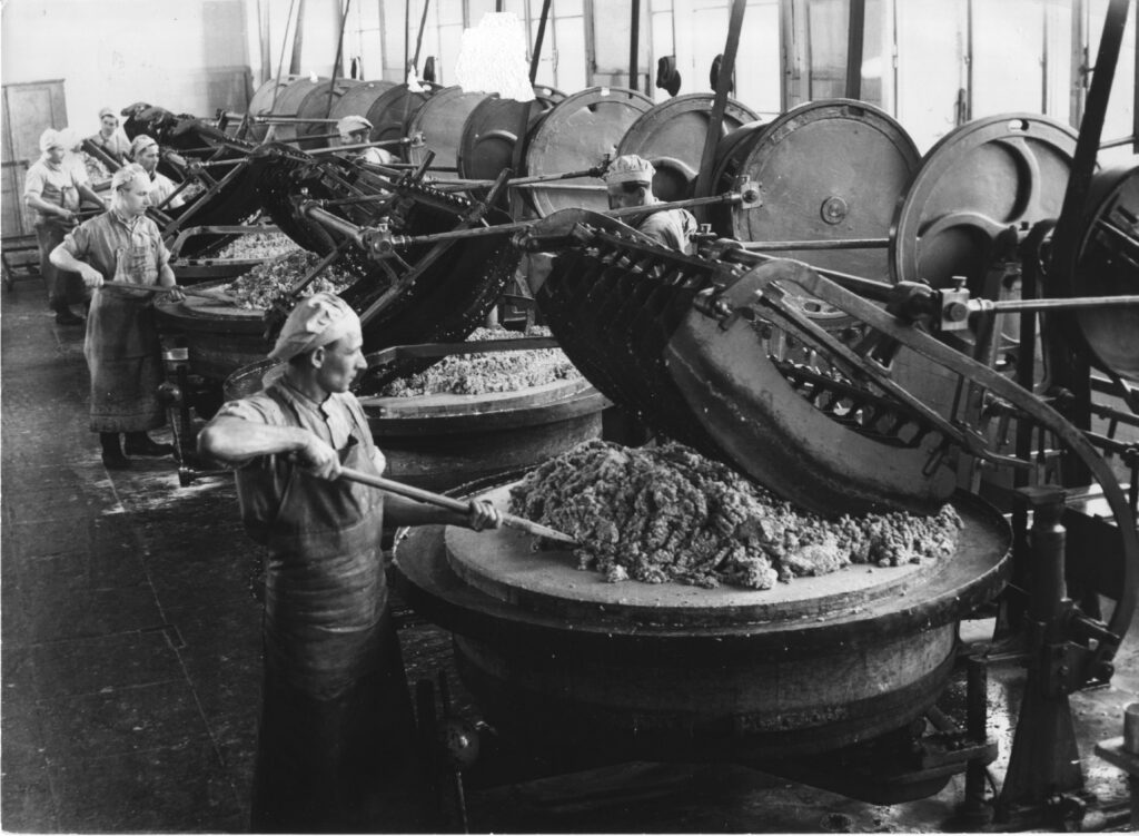 06 BA 28535 Fleiwa Arbeiter Wiegemaschinen Um 1950 Mehrere Wiegeapparate sind in einer Reihe aufgestellt und zerkleinern Frischfleisch. Mitarbeitende stehen vor den Apparaten und begleiten den Vorgang.