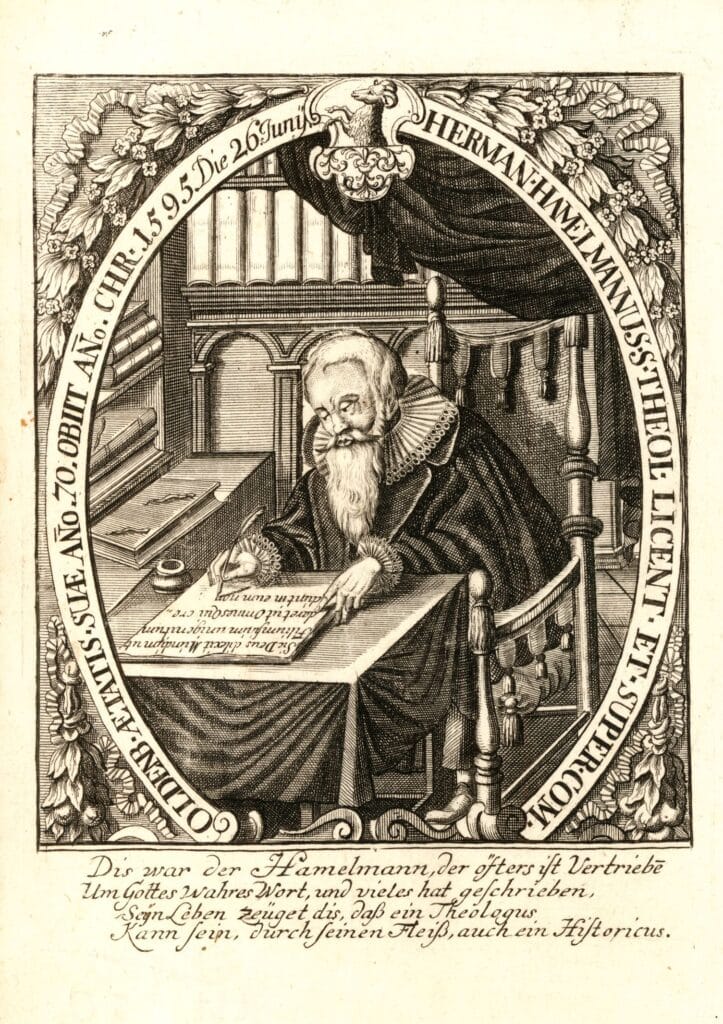 Bildnis von Hermann Hamelmann, der 1573 die Kirchenordnung für die Grafschaft Oldenburg erarbeitet hat. Zu deren Durchführung blieb Hamelmann bis zu seinem Tod als Hauptpastor der Lambertikirche und Superintendent der Grafschaft tätig.