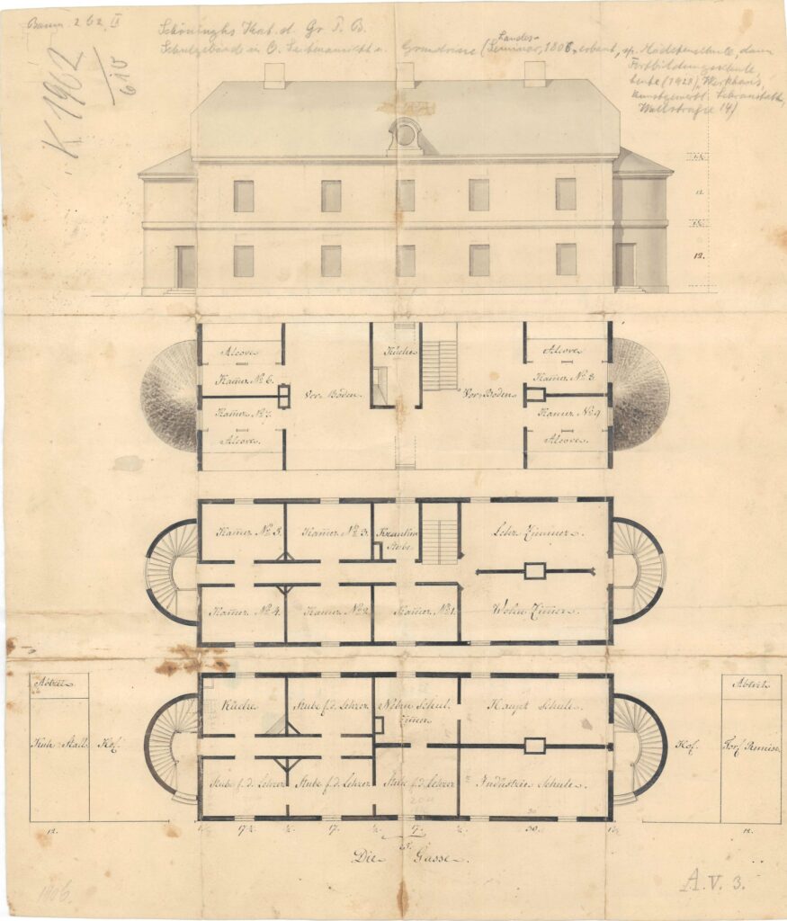 Bauzeichnung für das Lehrerseminar in der Wallstraße von 1806. Es diente den Seminaristen bis 1846 als Lehr-, Wohn- und Schlafstätte.