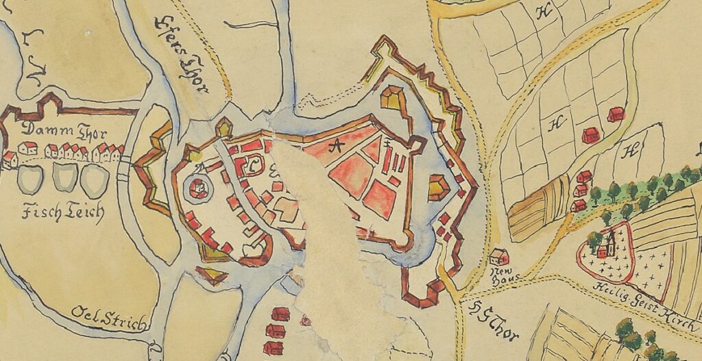 Abb. 1 Die Lage der Baracken („F“) um das Jahr 1702 am Rand der nördlichen Stadtmauer vor der Haarenbastion (Karte ist nicht genordet, Norden ist rechts). Ausschnitt aus einer Kopie des Plans der Stadt Oldenburg und seiner Umgebung von W. A. Hunrichs.