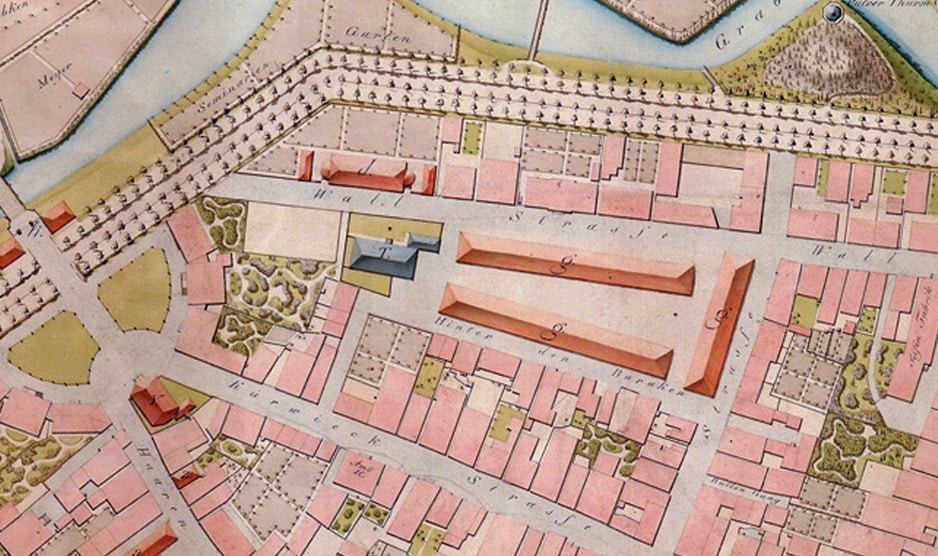 Abb. 2 Die Lage der Baracken („g.“) um das Jahr 1826. Ausschnitt aus dem Stadtplan von H. A. Vollimhauss (1828) nach einem Plan von H. Hüner.
