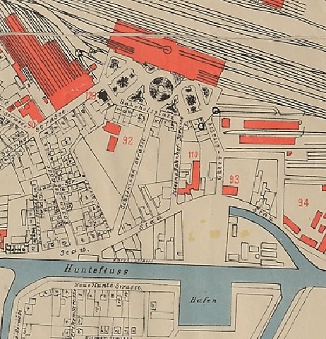 Ausschnitt aus dem „Plan der Grossherzoglichen Residenzstadt Oldenburg“ von H. Gier aus dem Zeitraum und 1891 und 1894. Hier trägt die Kaiserstraße den Namen „Schlömann-Straße“.