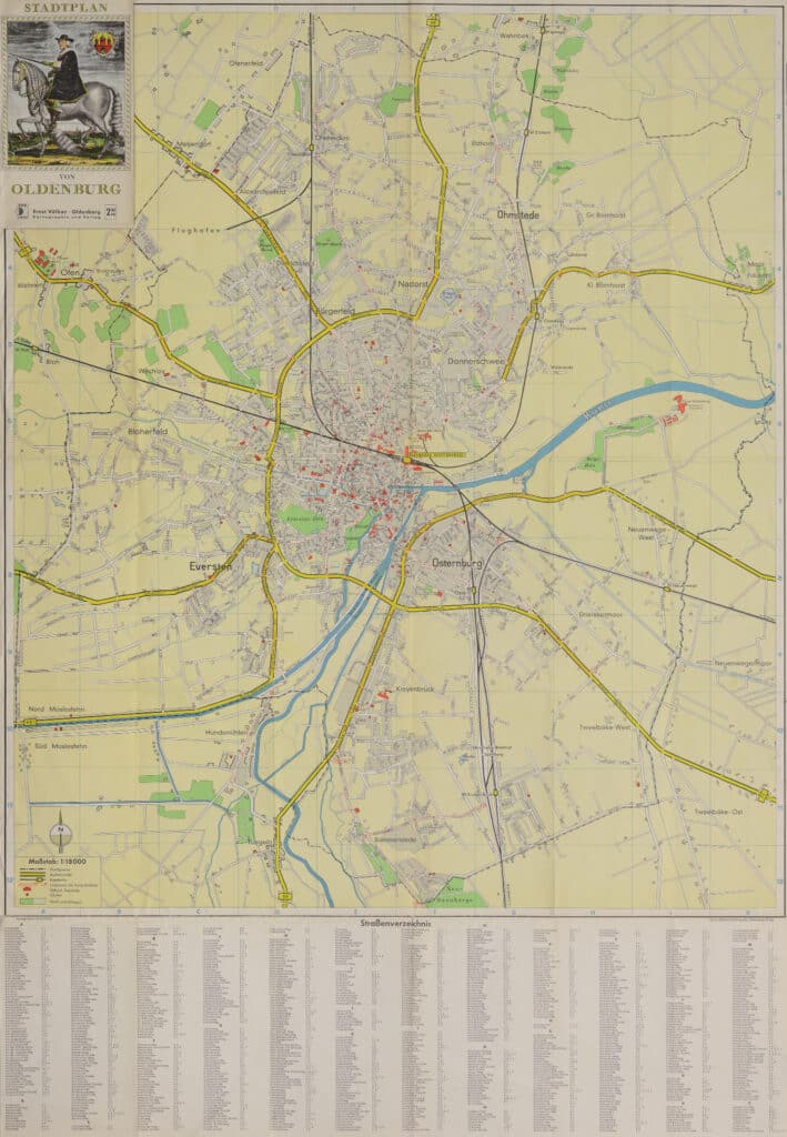 Auf dem Stadtplan von Oldenburg von 1960 sind die Vorläufer der Autobahn als B 69 im Norden und Westen und im Osten als B 75 zu sehen.