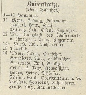 Ausschnitte aus dem „Adreßbuch der Residenzstadt Oldenburg mit Vororten“ aus dem Jahr 1901 von den Seiten 36 und 37, die die Bewohner:innen der Kaiserstraße nennen.