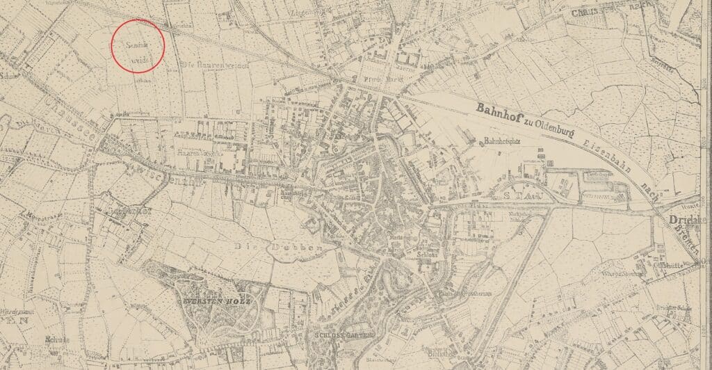 Auf der "Karte von der Grossherzoglichen Residenz der Stadt Oldenburg mit Umgebung" aus dem Jahr 1869 ist die sogenannte Seminarweide, auf der der Seminargarten angelegt wurde, nördlich der heutigen Ofener Straße verzeichnet.