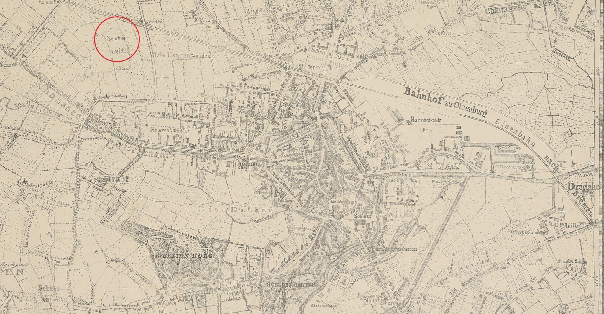 Abb. 8 KP 1692 Auf der "Karte von der Grossherzoglichen Residenz der Stadt Oldenburg mit Umgebung" aus dem Jahr 1869 ist die sogenannte Seminarweide, auf der der Seminargarten angelegt wurde, nördlich der heutigen Ofener Straße verzeichnet.