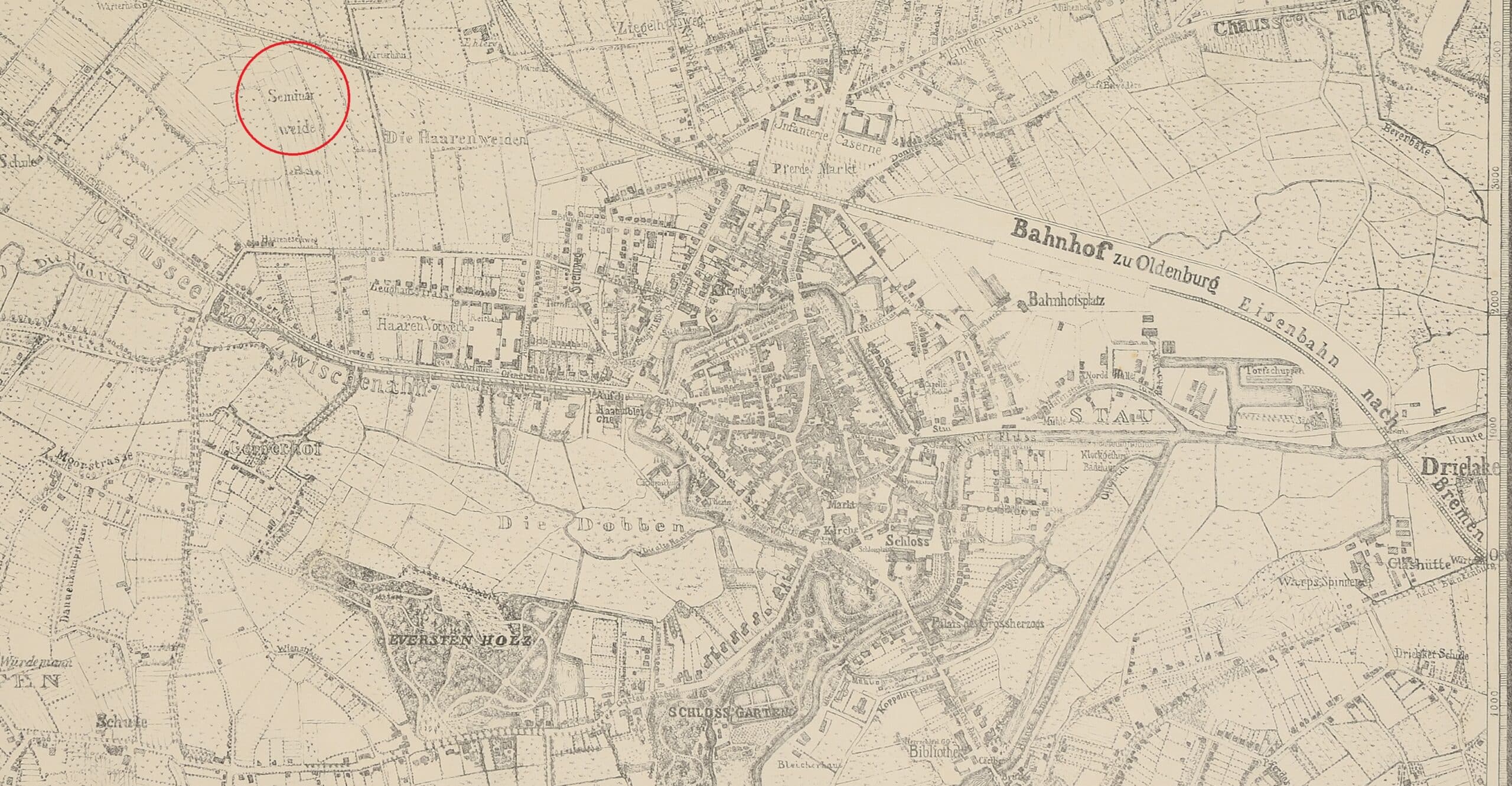 Abb. 8 KP 1692 Auf der "Karte von der Grossherzoglichen Residenz der Stadt Oldenburg mit Umgebung" aus dem Jahr 1869 ist die sogenannte Seminarweide, auf der der Seminargarten angelegt wurde, nördlich der heutigen Ofener Straße verzeichnet.