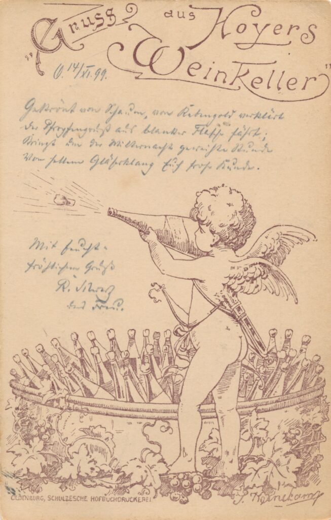 Ansichtskarte „Gruss aus Hoyers Weinkeller“, 1899 gelaufen.