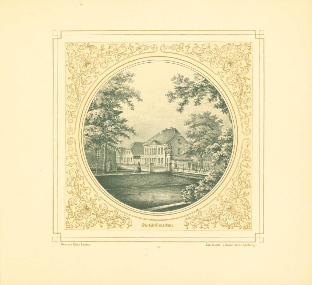 Die alte Cäcilienschule am Damm in einer Zeichnung von Elise Lasius (1803-1872) von 1849 aus der „Goldenen Serie“. Lasius war Zeichenlehrerin an der Cäcilienschule.